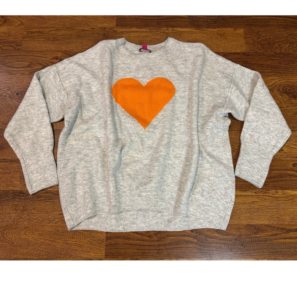 Vince Camuto Cozy Knit Heart Sweater Women's Large Heather Gray Soft Pullover
